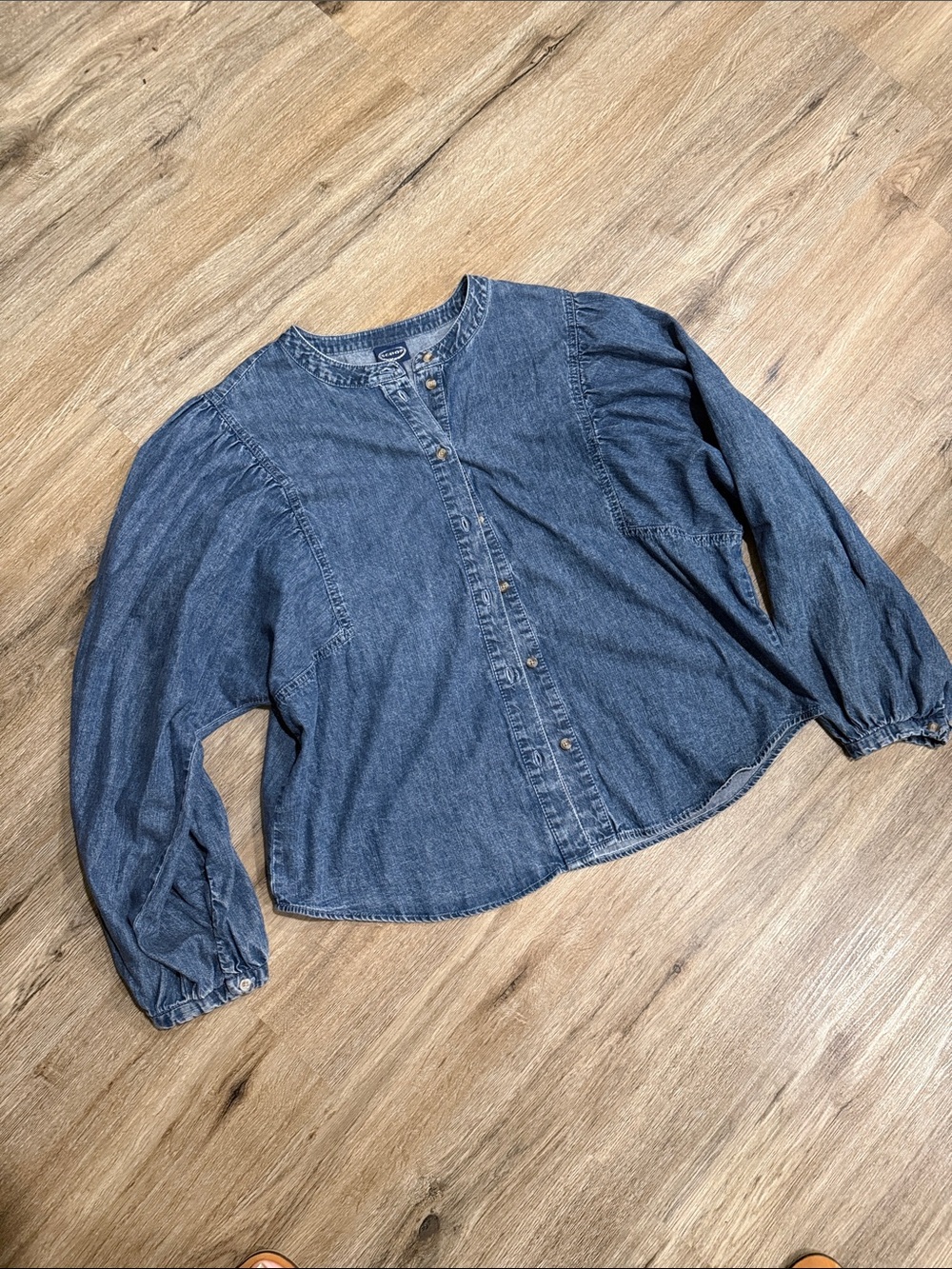 Denim Button-Front Peasant Blouse - Blue 100% Cotton